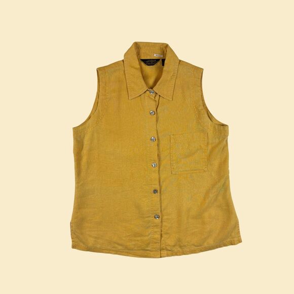 90s Eddie Bauer linen vest, size M vintage womens yellow button down top - Picture 1 of 9